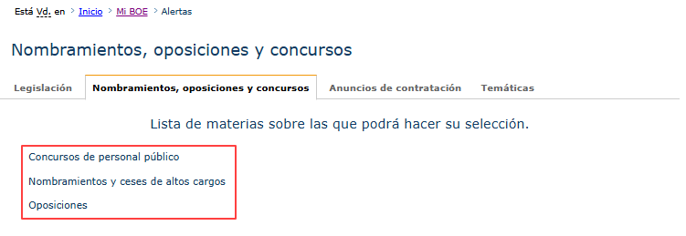 materias y temas de suscripción Mi BOE