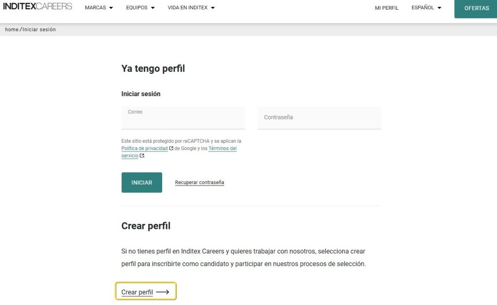 Crea perfil para trabajar en zara inditex