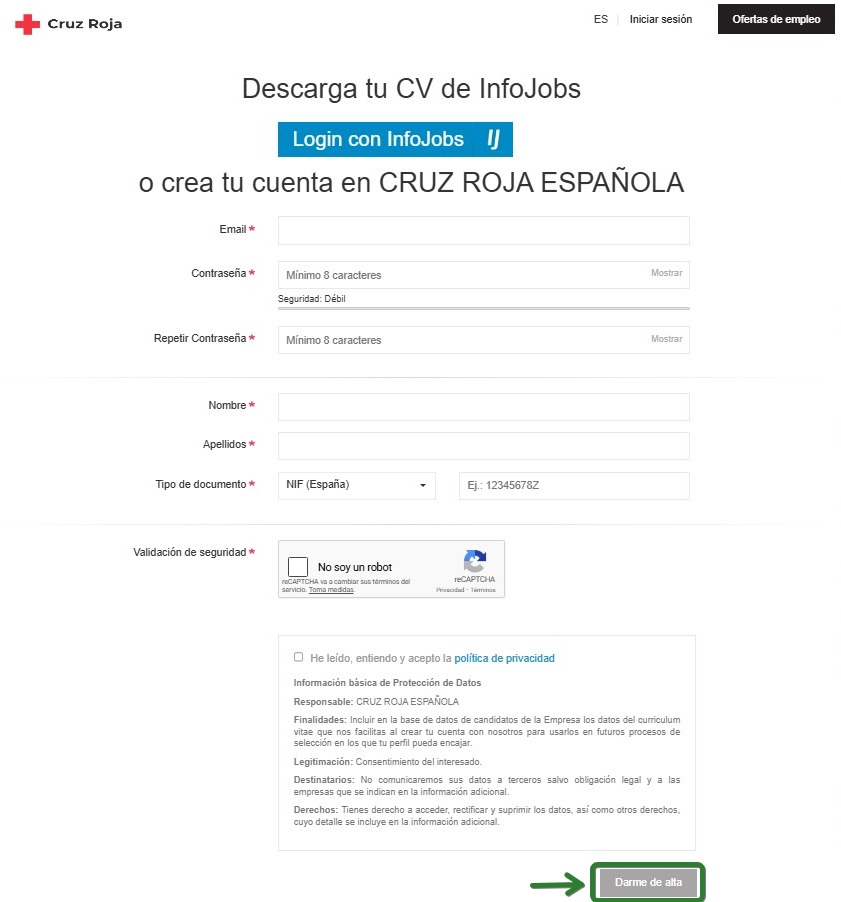Datos para crear usuario para trabajar en cruz roja