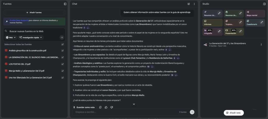 NotebookLM fuentes ejemplo NotebookLM página menú