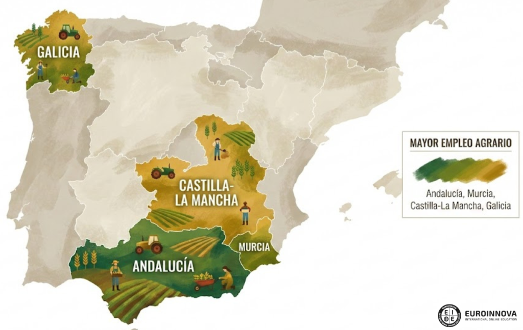 Mapa regiones con mayor empleo agrario en España