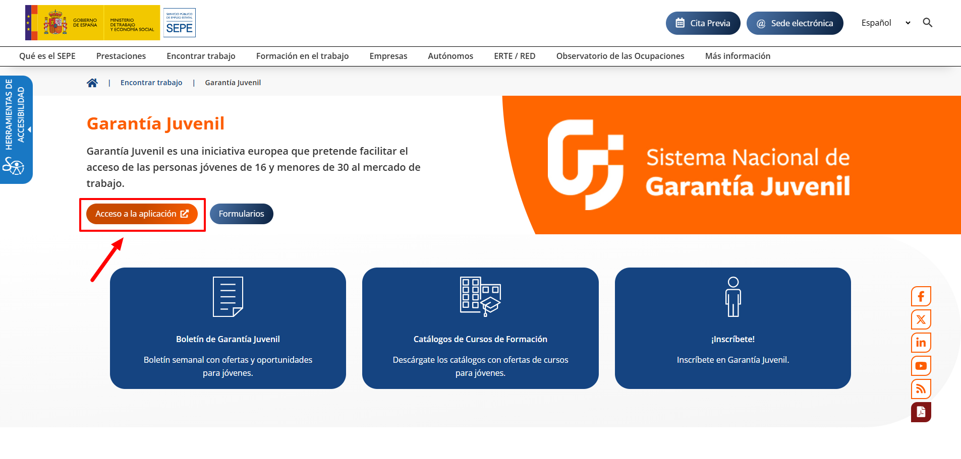 acceso aplicación garantía juvenil