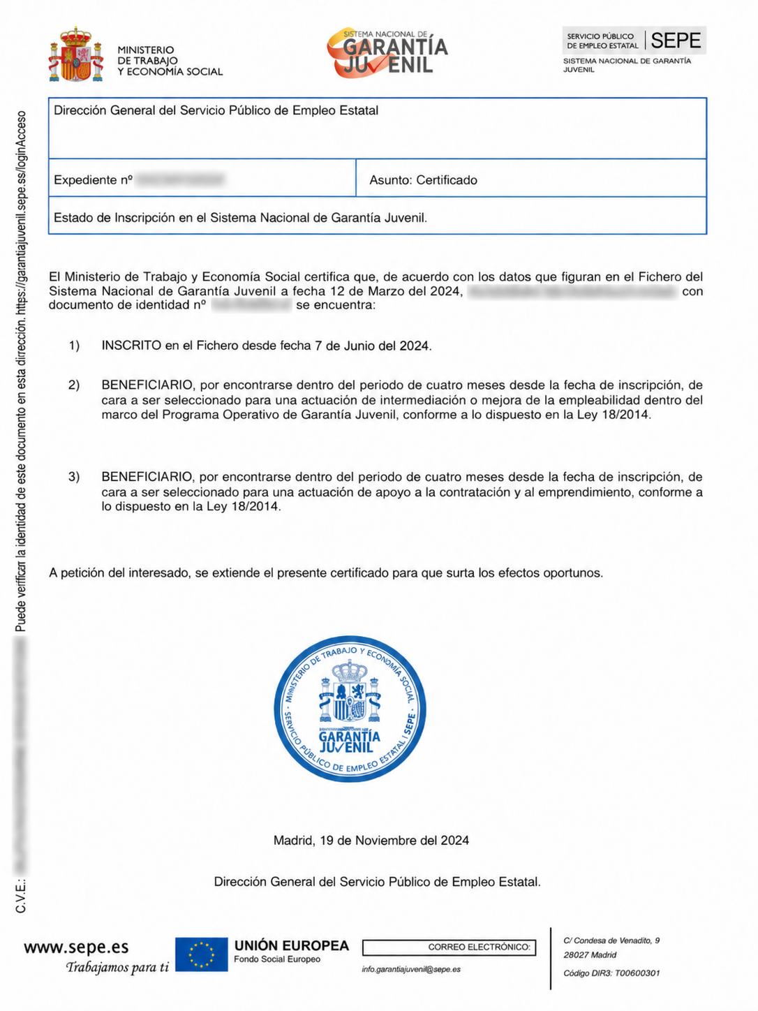 Certificado de Garantía Juvenil Ejemplo