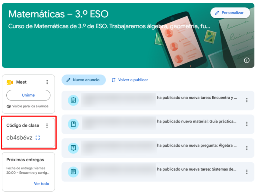 código de clase Classroom