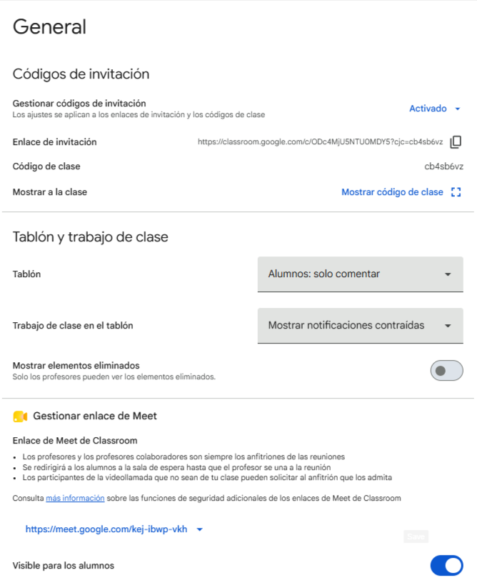 configuración tablón classroom