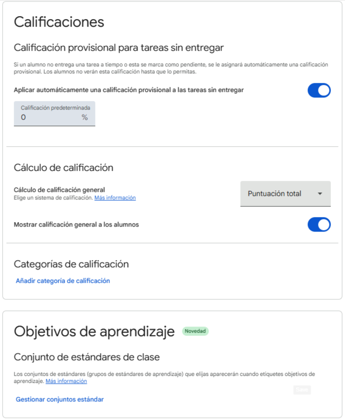 configuracion tablón classroom calificaciones