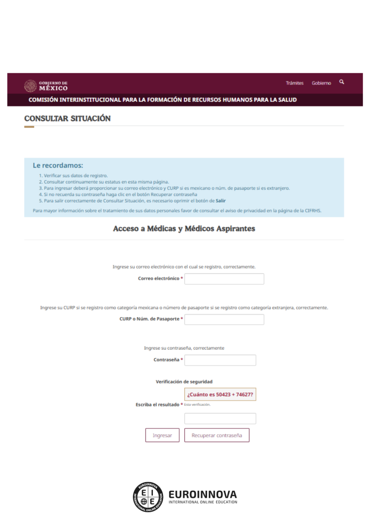 Apartado de Consultar situación en el ENARM 2026