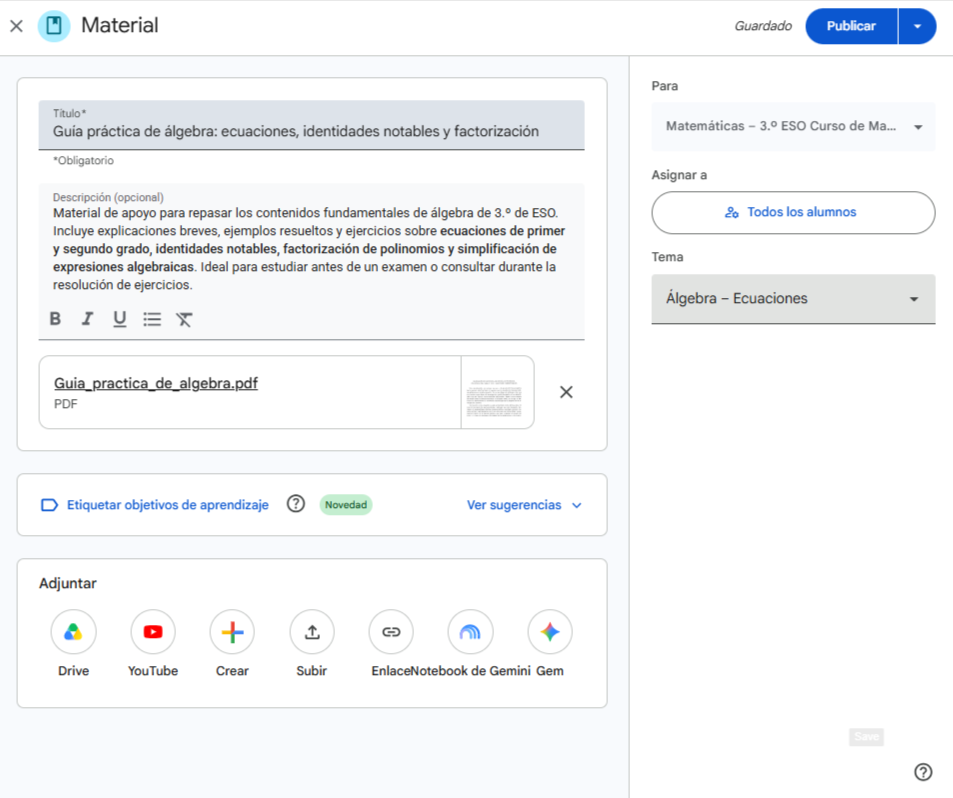 crear material Classroom