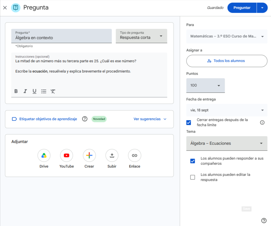 crear pregunta classroom