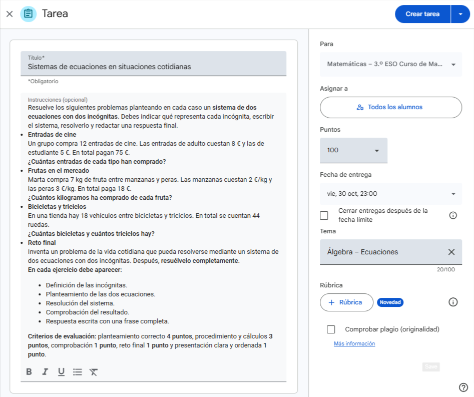 crear tarea Clasroom