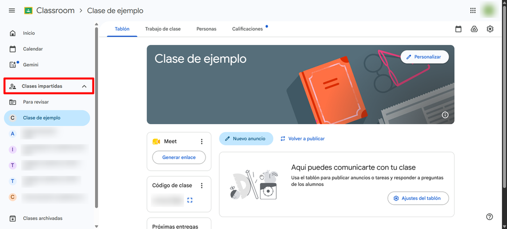 página de inicio Classroom